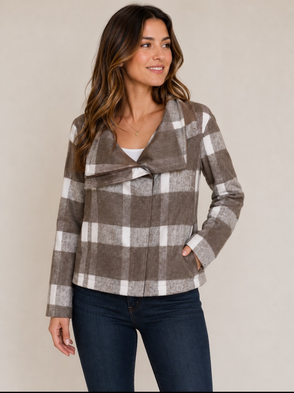 Bagatelle Collection Plaid Cowl Neck Fleece Jacket Brown White Medium